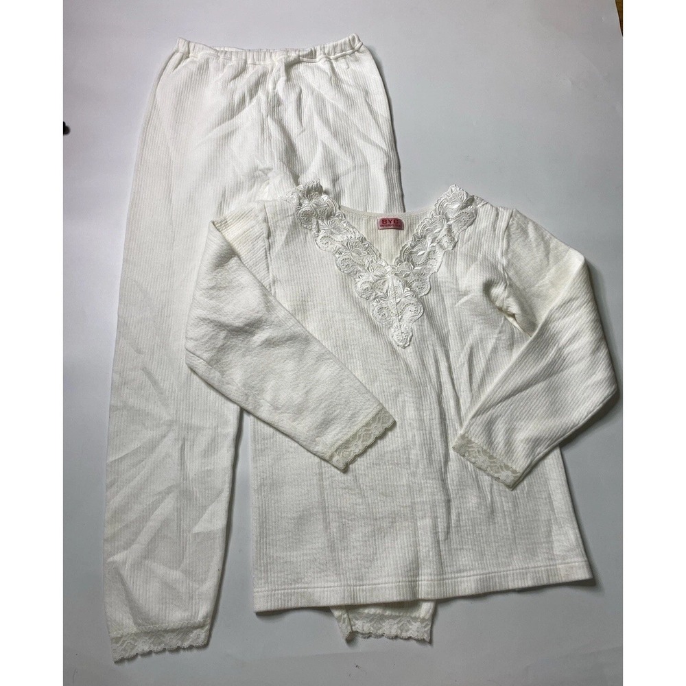 VTG BYC Made In Korea Women L White Lace Thermal Set Pajama Girly Soft Girl Cozy